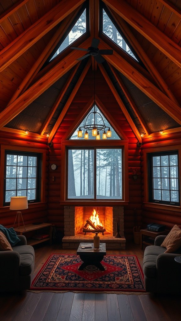 Interior of an A-frame cabin featuring a fireplace, wooden beams, and large windows overlooking a forest.