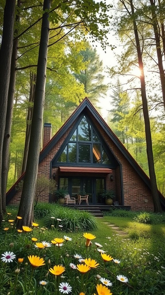 A charming A-frame cottage made of brick and glass surrounded by trees and flowers.