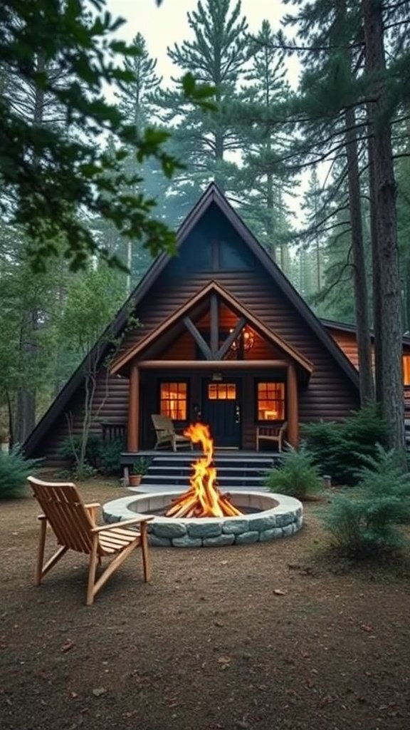 A cozy A-frame house with a fire pit in the foreground, surrounded by tall trees.