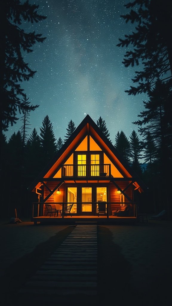A cozy A-frame house with a rooftop deck, illuminated at night under a starry sky.