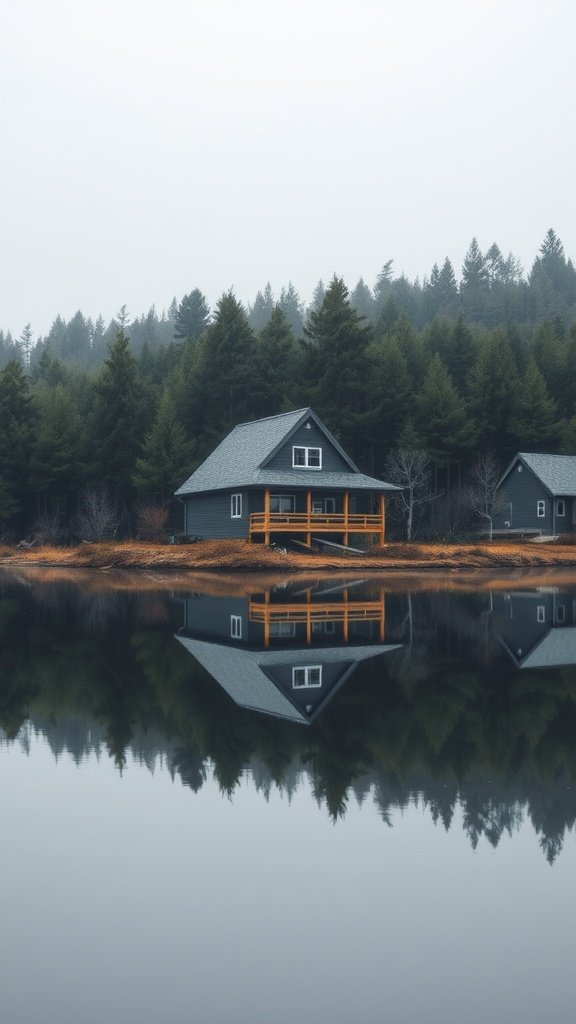 A-frame house by a calm pond surrounded by trees