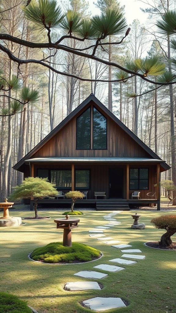 A cozy A-frame house surrounded by a Zen garden with stone pathways and lush greenery.