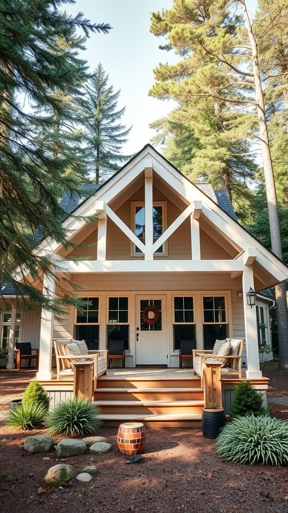 A cozy A-Frame house with a large porch surrounded by trees