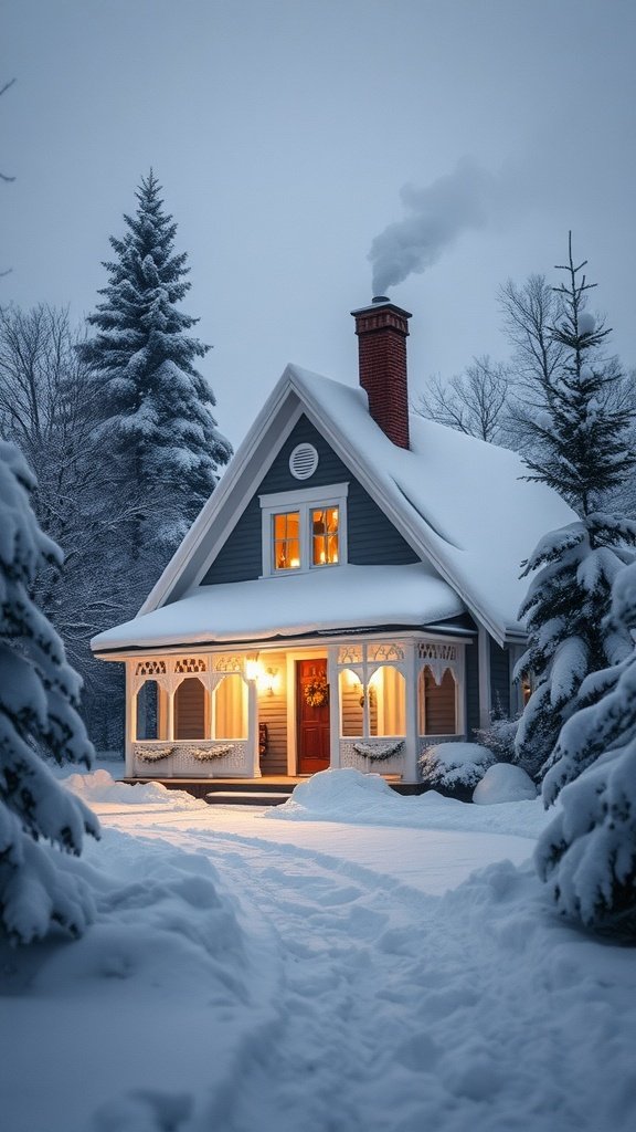 A cozy A-frame house in a snowy landscape with warm lights glowing from the windows and smoke coming from the chimney.