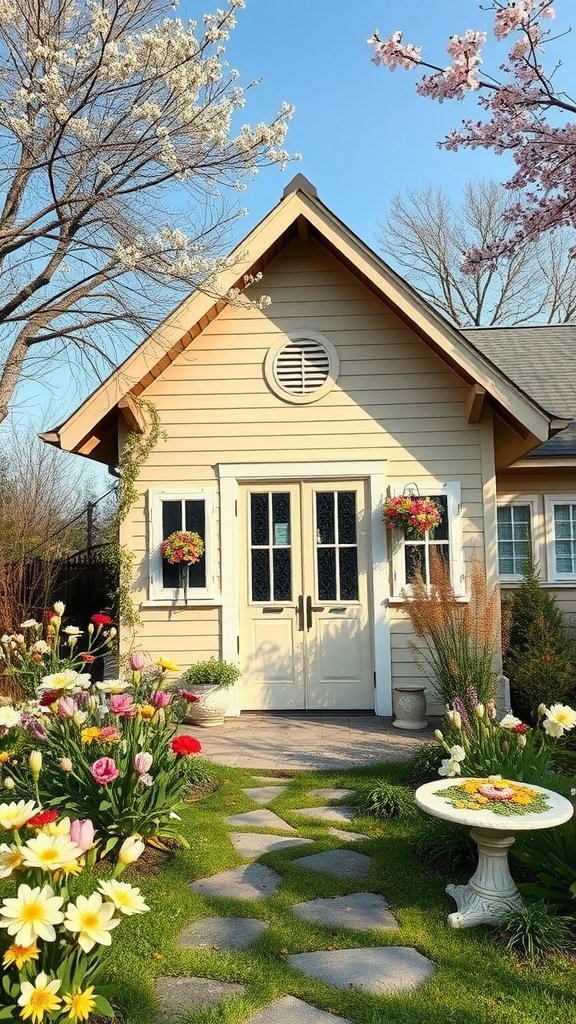 A-frame house surrounded by colorful flowers and blooming trees in spring