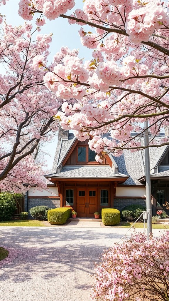 A cozy A-frame house surrounded by blooming cherry blossoms