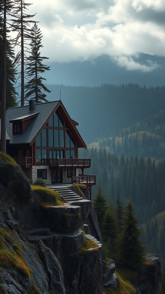 A cozy A-frame house perched on a cliff with large windows, surrounded by trees and mountains