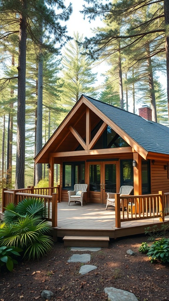 A-frame house with a wooden veranda surrounded by tall trees