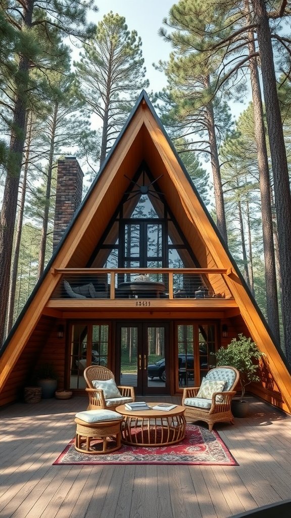 A cozy A-frame house surrounded by tall trees with a porch and seating.