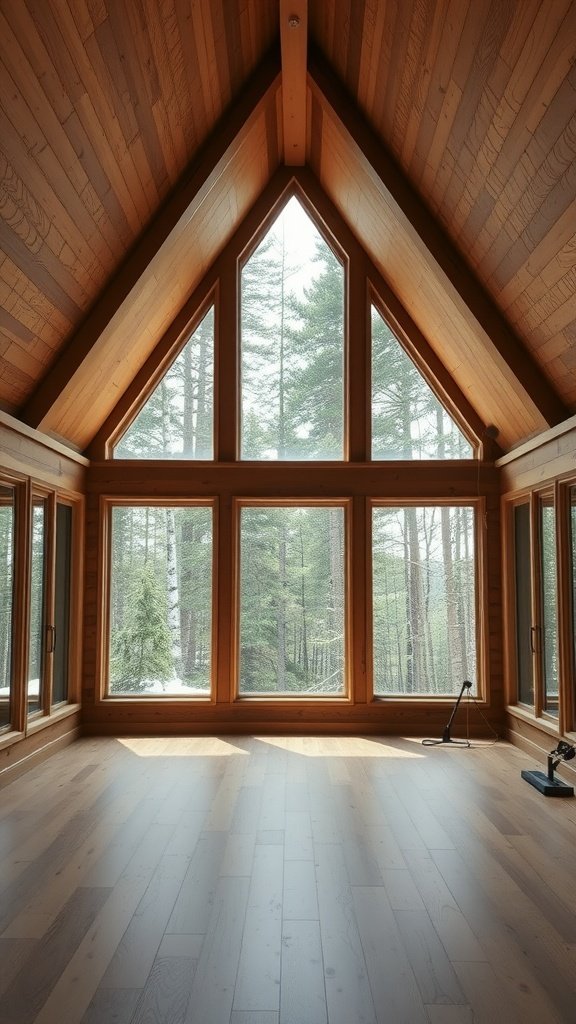 Interior of an A-frame house showcasing large windows and wooden finishes.
