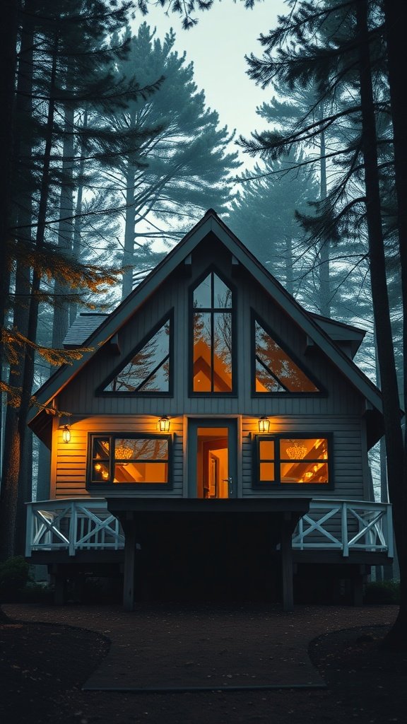 A-frame house with warm lighting surrounded by trees