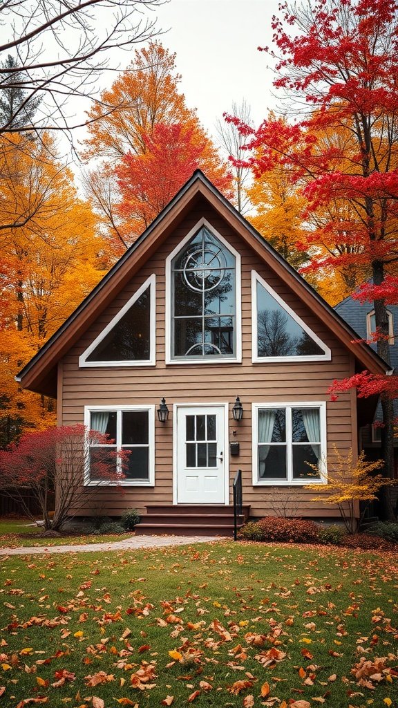 A-frame house with artistic windows surrounded by autumn trees and fallen leaves.