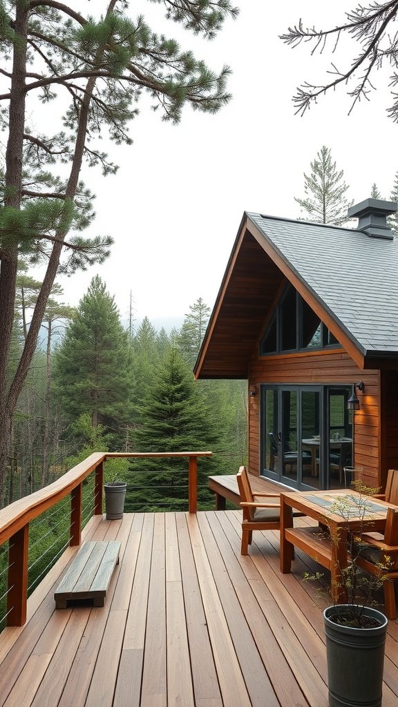 A-frame house with an elevated wooden deck surrounded by trees