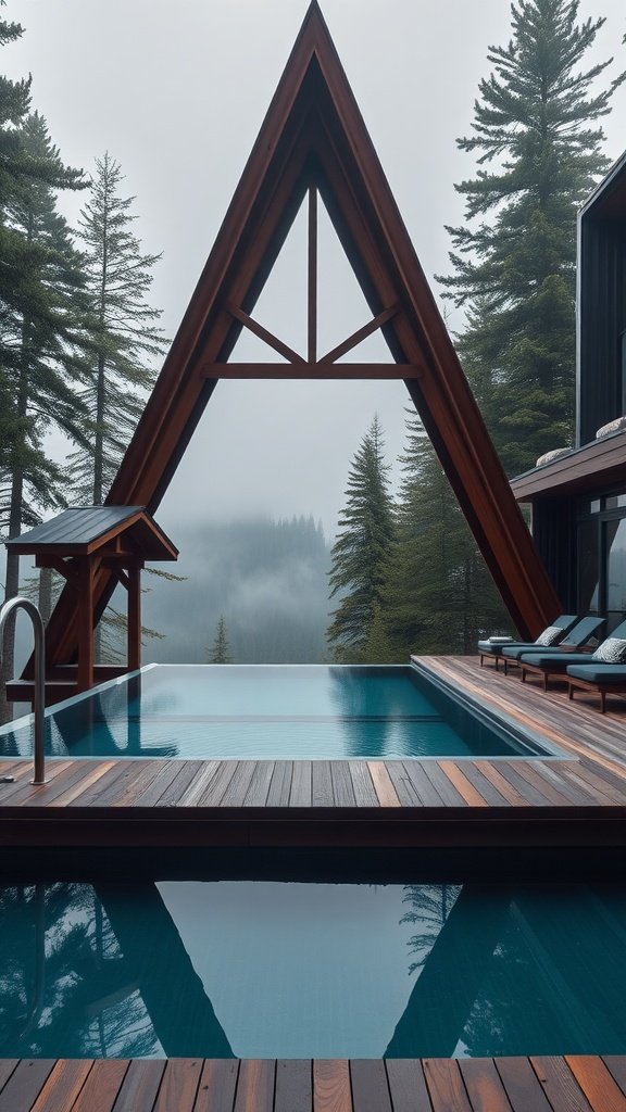 A-frame house with an infinity pool surrounded by tall trees and misty scenery