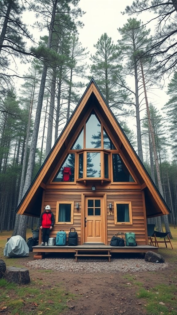 A wooden A-frame house surrounded by tall trees with outdoor gear arranged on the porch.