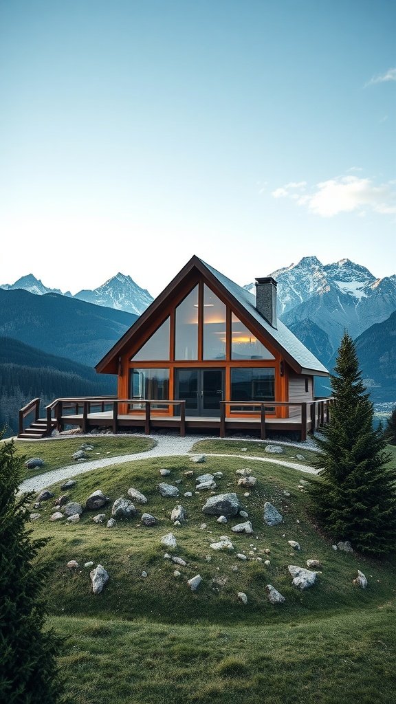 A-frame house with large windows and a triangular roof, set against scenic mountain views.