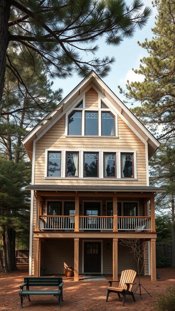 A beautiful two-story A-frame house surrounded by tall trees