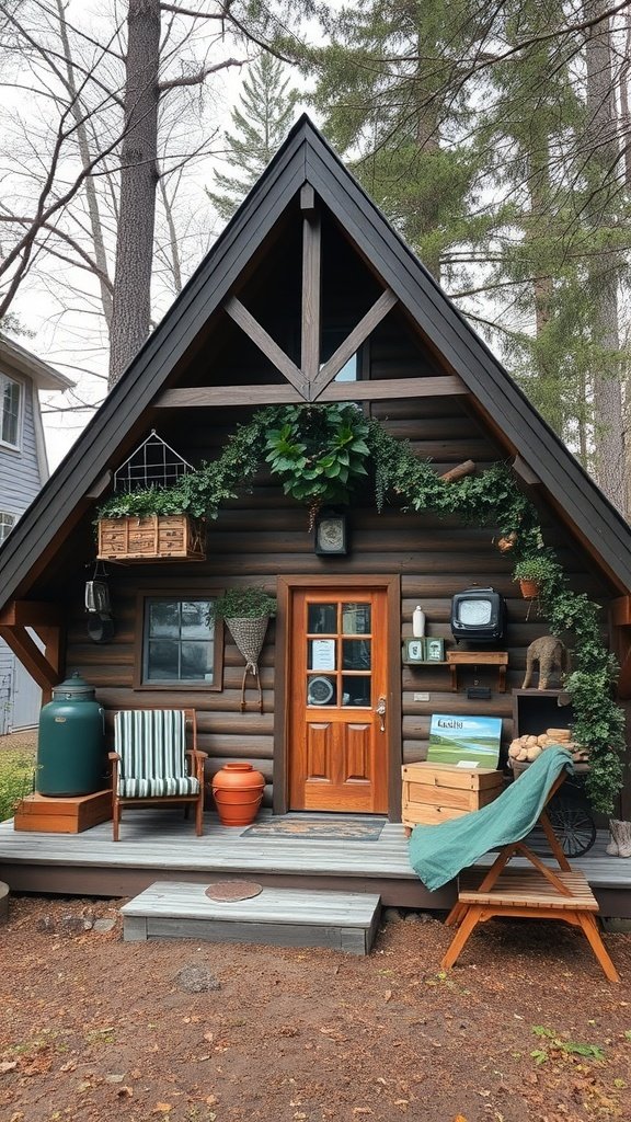 Cozy A-frame cabin with vintage camping decor, featuring greenery, classic seating, and rustic elements.