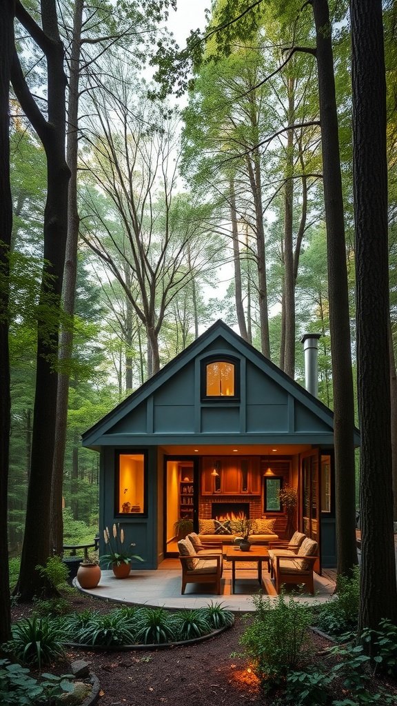 A cozy small house in a forest with modern design elements and outdoor seating