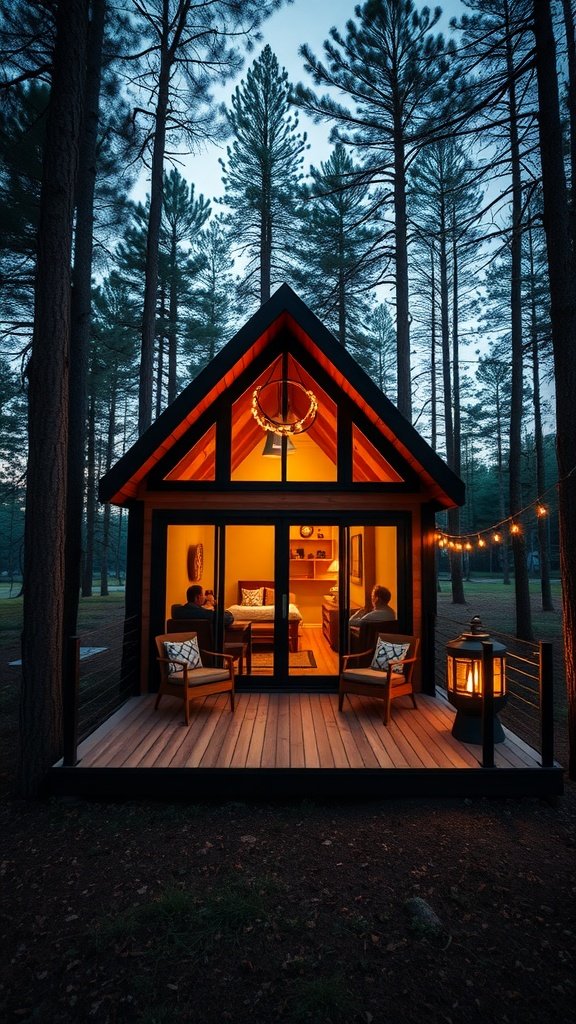 Cozy tiny house in the woods with warm lighting and outdoor seating