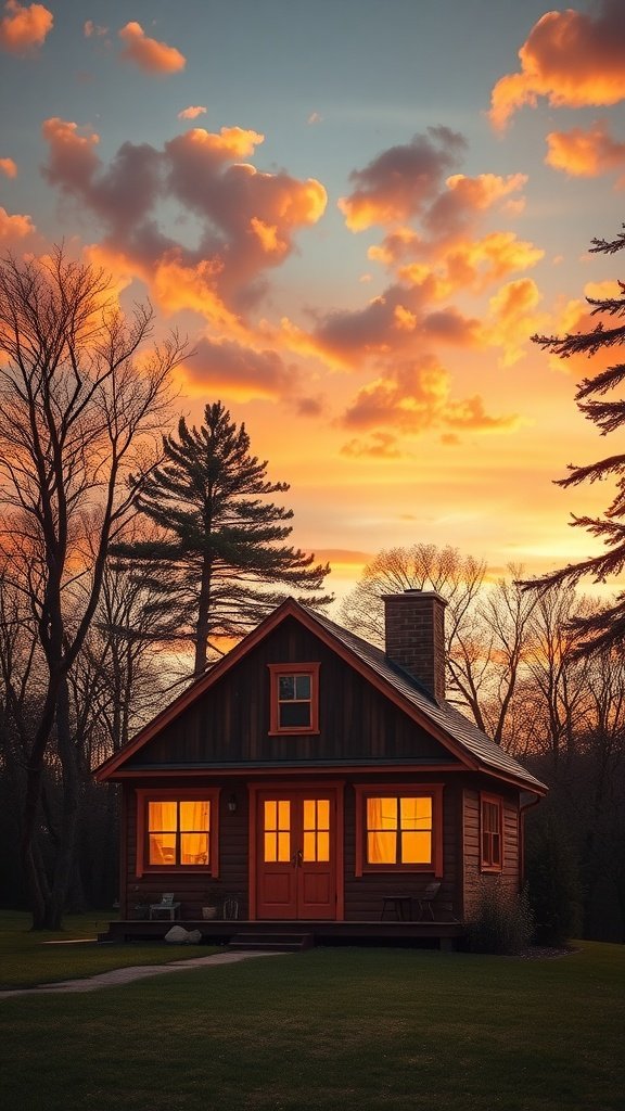 A small wooden house with glowing windows under a colorful sunset sky.