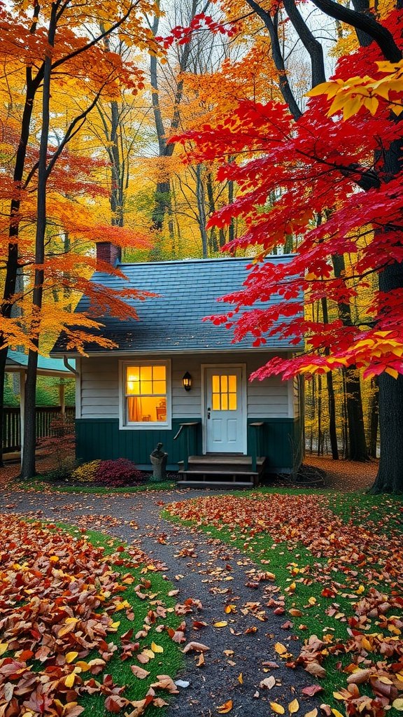 A cozy small house surrounded by autumn leaves in vibrant colors.