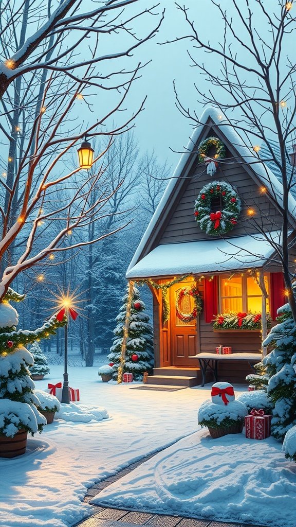 A cozy Christmas house in a snowy landscape, decorated with wreaths and lights