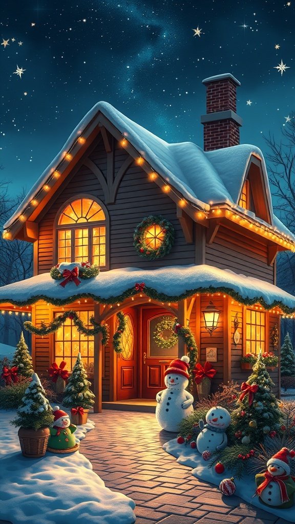 A beautifully decorated Christmas house with snowmen, lights, and holiday decorations.