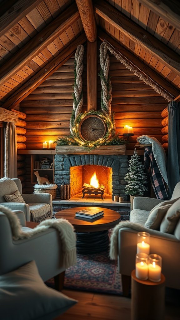 A cozy cabin interior with a fireplace, comfortable seating, and warm lighting.
