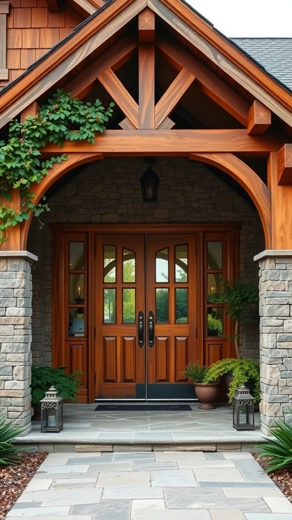 Rustic elegant home entryway featuring wooden doors and stonework.