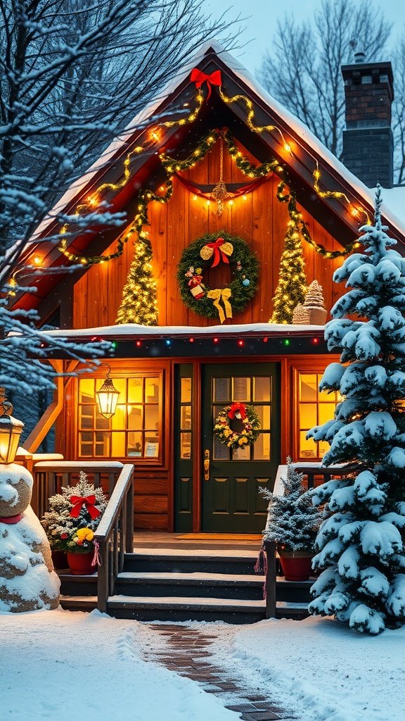 A cozy holiday home decorated with lights and a wreath, surrounded by snow.