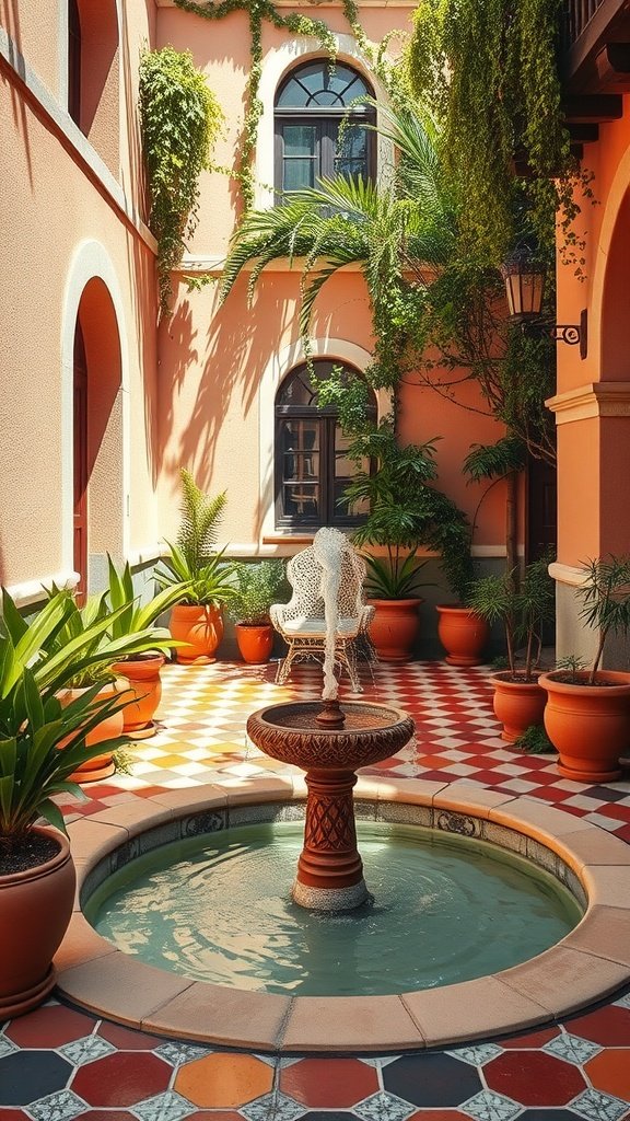 A Spanish Mediterranean courtyard featuring a central fountain, lush greenery, and vibrant patterned tiles.