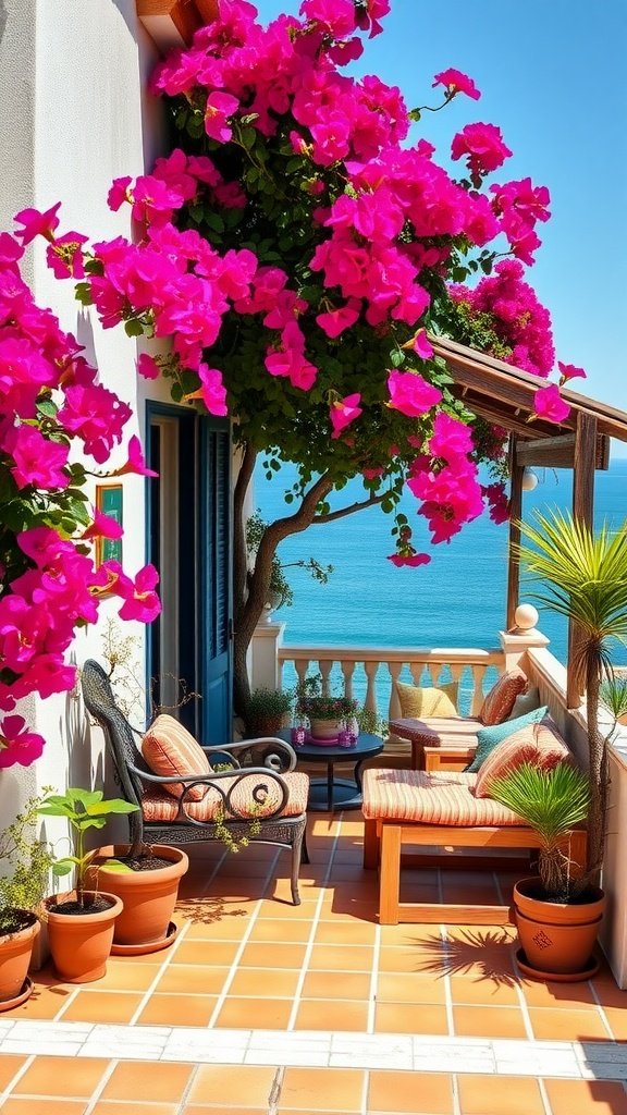Colorful terrace with bougainvillea flowers and a view of the Mediterranean Sea