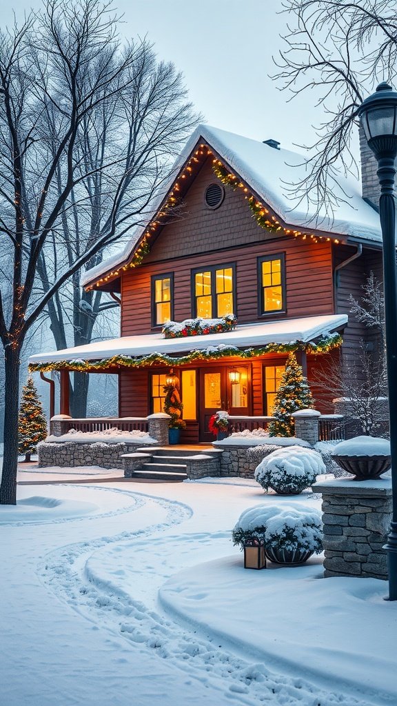 A charming house decorated for Christmas with snow-covered surroundings, warm lights, and festive greenery.