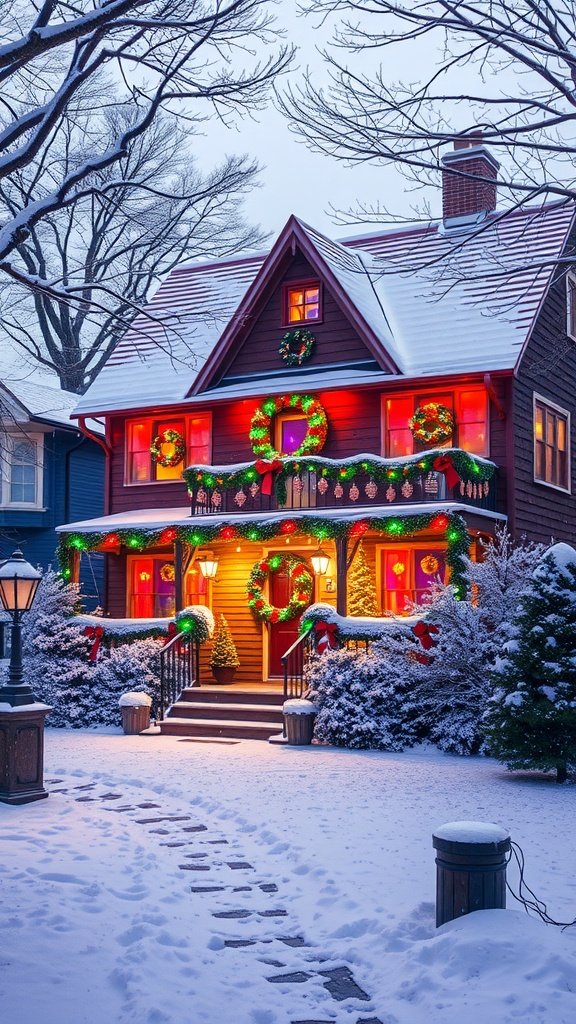 A beautifully decorated house for Christmas, covered in snow with vibrant wreaths and warm lights.