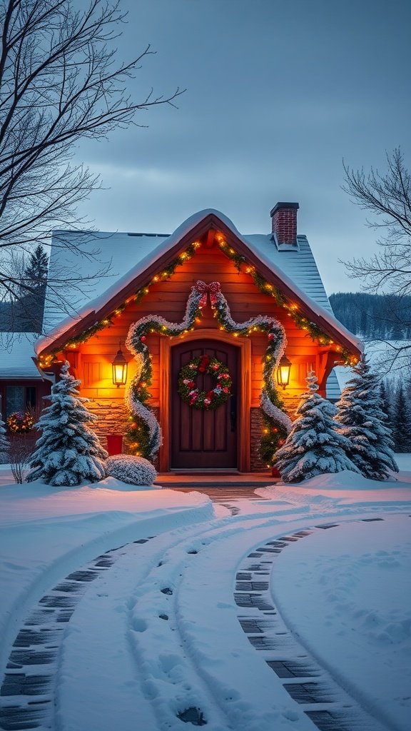 A cozy Christmas house adorned with lights and decorations in a snowy landscape