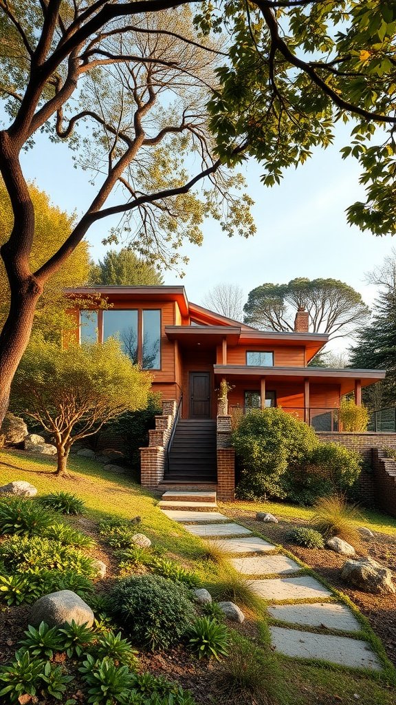 A hillside house with wooden exterior, surrounded by greenery and stone pathway