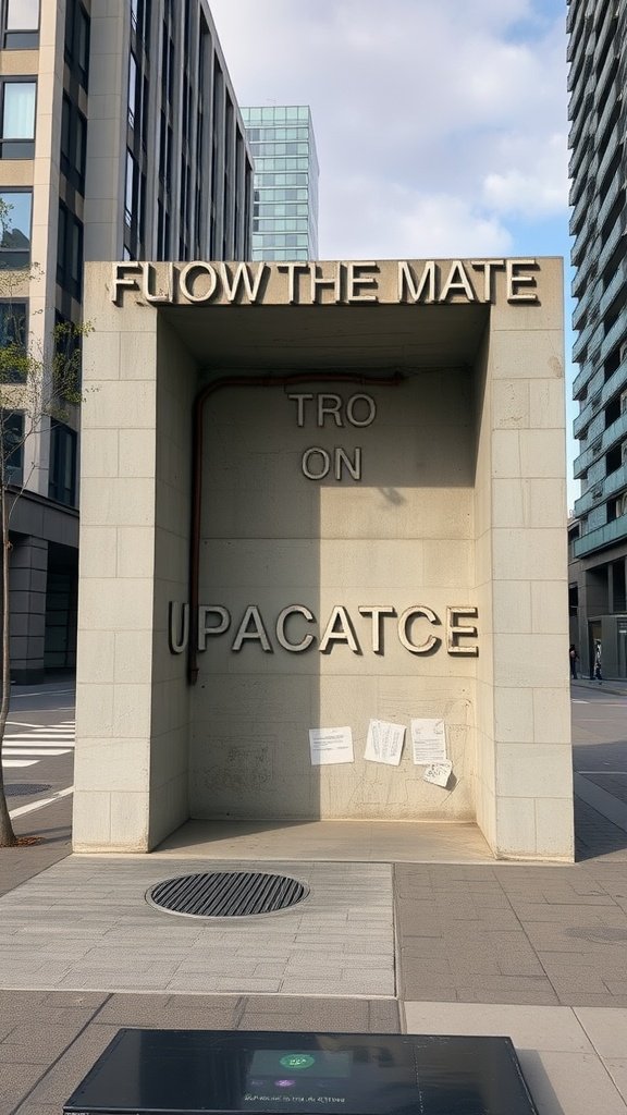 A modern precast concrete structure with bold text on the facade, set in an urban environment.