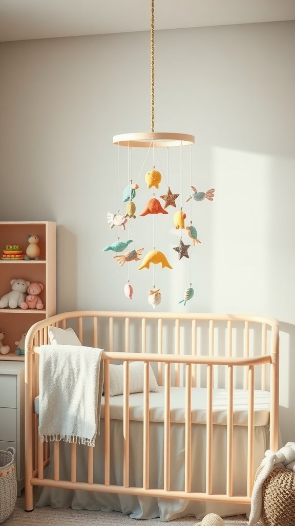 A colorful mobile featuring birds and fish hangs above a soft crib in a cozy nursery.