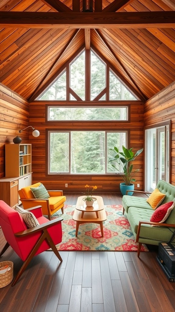 A cozy mid-century modern living room featuring wooden walls, colorful furniture, and large windows.