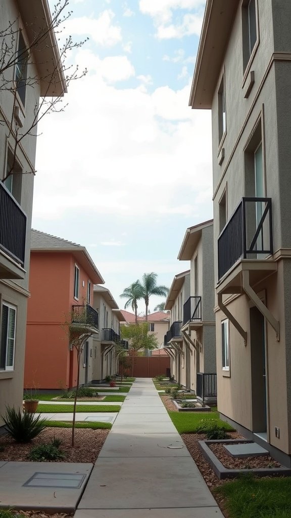 Row of precast concrete facade houses with a clear pathway and green landscaping.