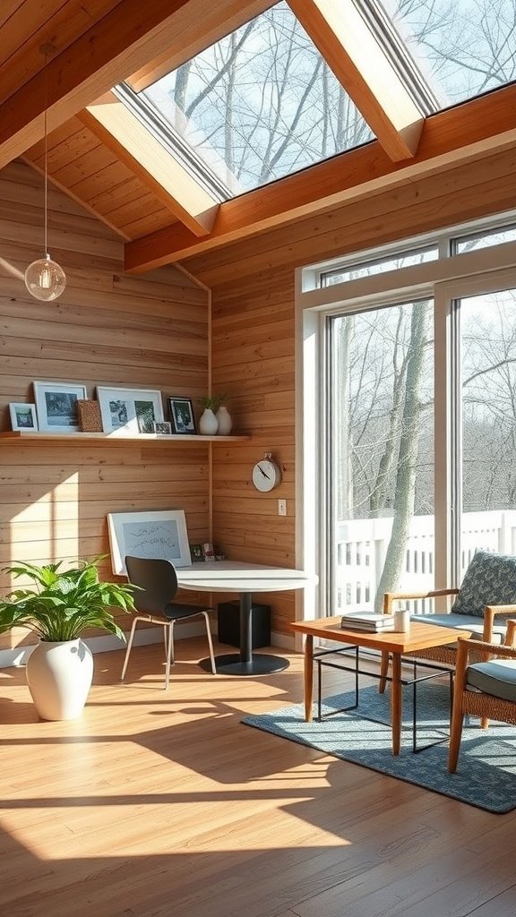 Interior of a modern cottage with wooden walls, large windows, and a cozy seating area.