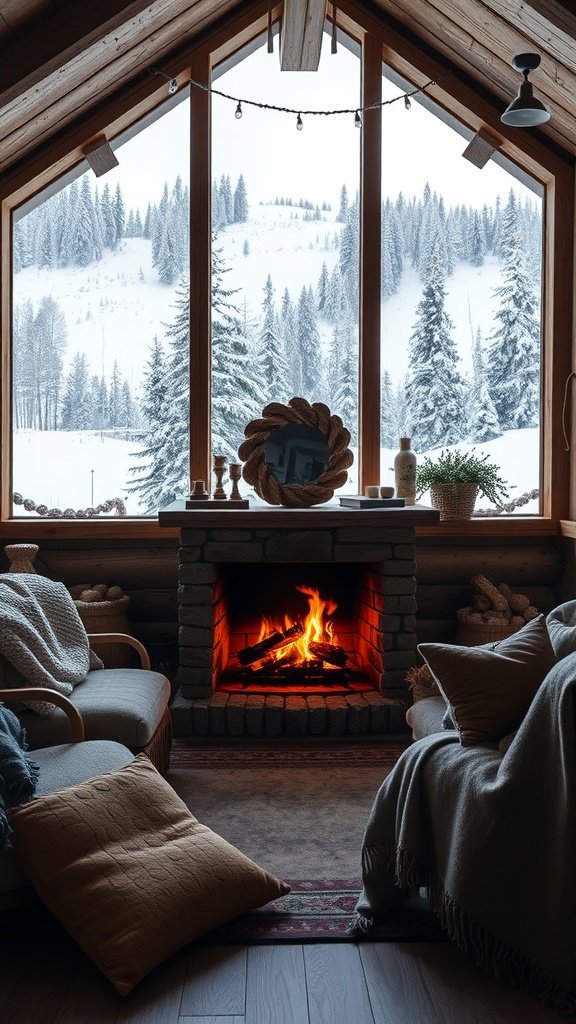 Cozy winter cabin interior with a fireplace and snowy landscape outside