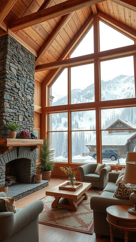 Cozy cabin interior with large windows overlooking snowy mountains, featuring a stone fireplace and comfortable seating.