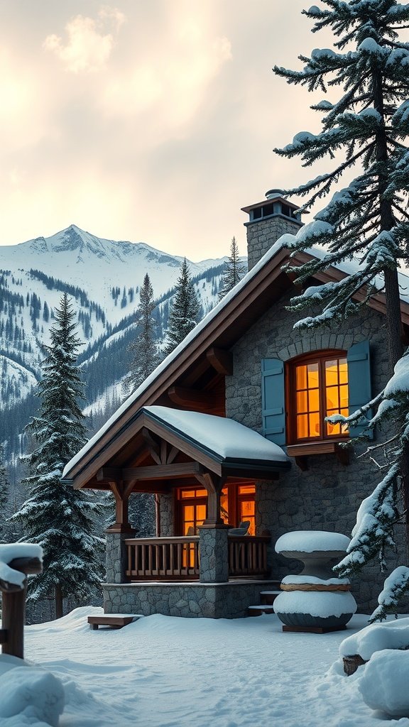 A cozy alpine house made of stone and timber, surrounded by snow-covered trees and mountains under a cloudy sky.