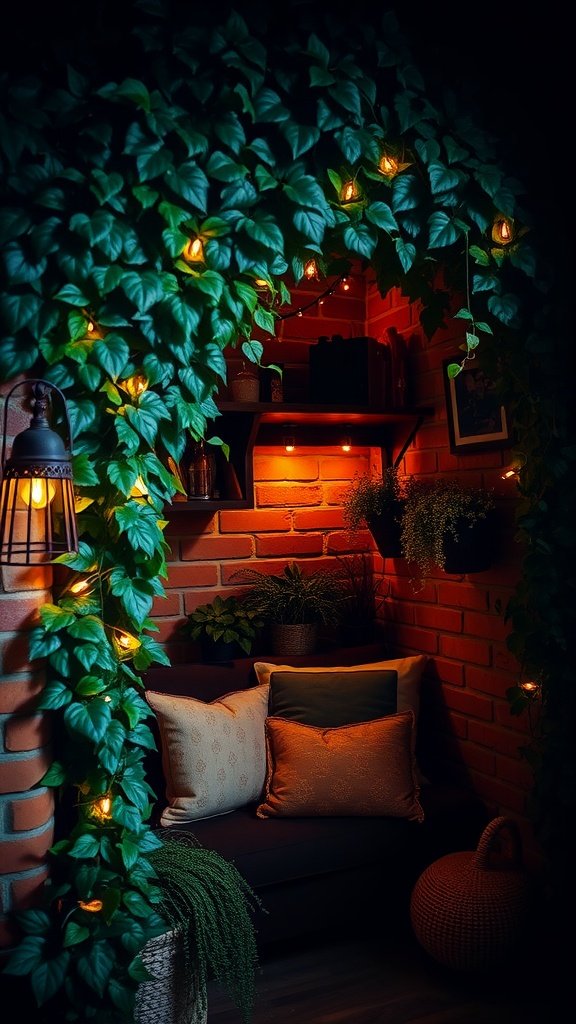 A cozy alcove framed by ivy, featuring amber brick walls, soft lighting, and comfortable seating.