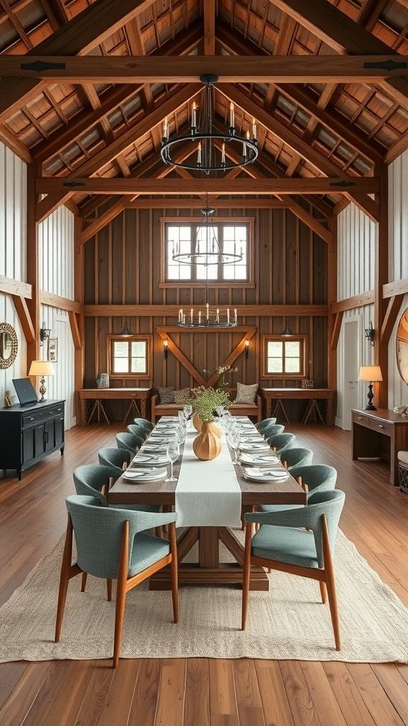A spacious dining area in a modern barn house featuring a long wooden table, comfortable chairs, and high wooden beams.