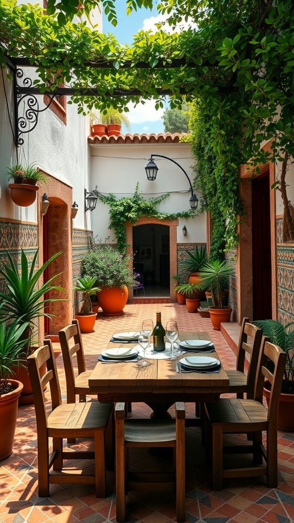 A charming Spanish courtyard featuring a wooden dining table set with plates and wine, surrounded by lush greenery and terracotta pots.