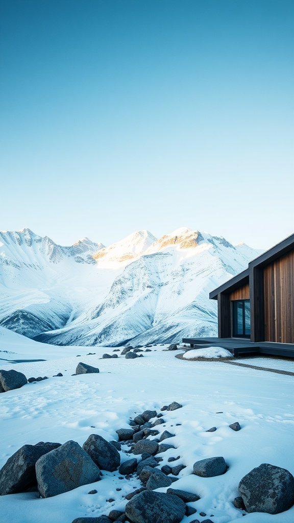 A scenic view of Aoraki/Mount Cook Skylodge surrounded by snow-covered mountains and boulders.