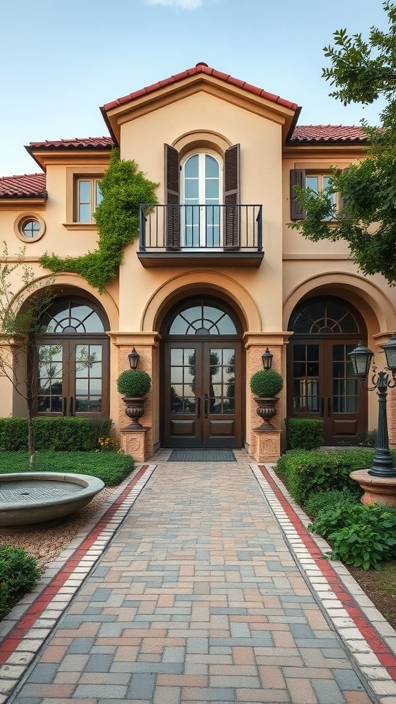 A beautiful French Mediterranean home featuring arched doorways and a cobblestone path